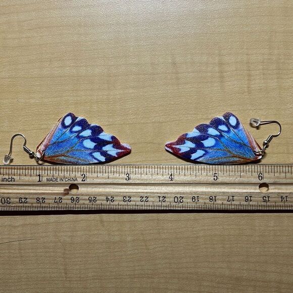 Blue & Red Butterfly Wing Earrings - Picture 3 of 4